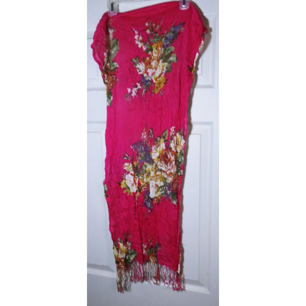 Super Long 66" Red Floral Print Vintage Woman's Fringe Ended Scarf